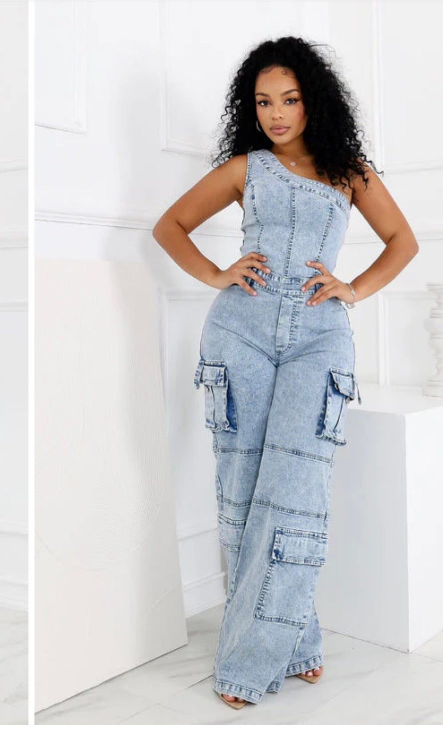 One Shoulder Denim Jumpsuit