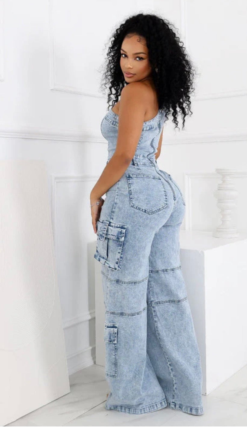 One Shoulder Denim Jumpsuit